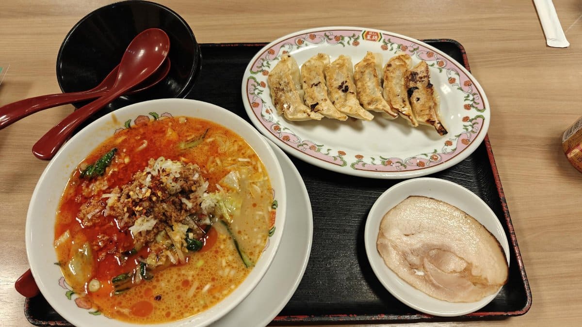 Ramen and gyoza meal on tray