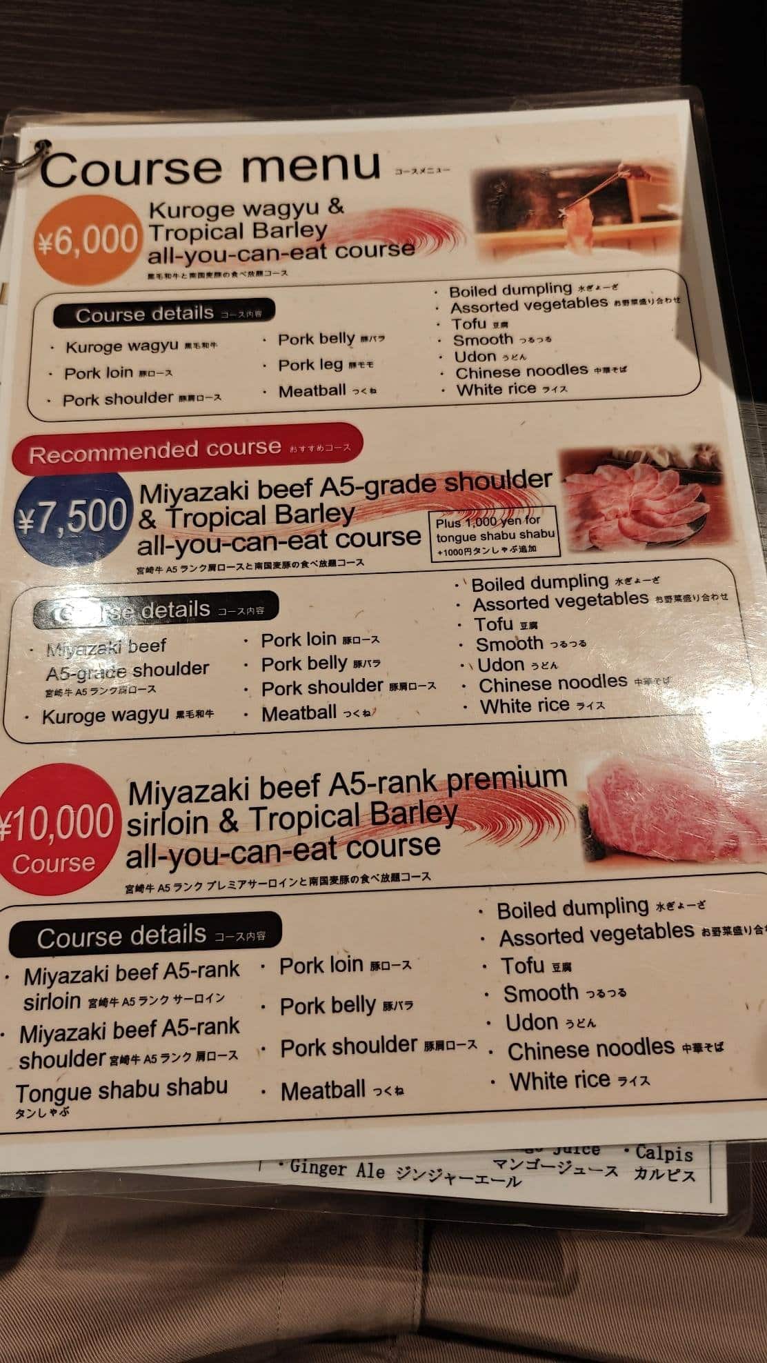 Restaurant course menu with prices