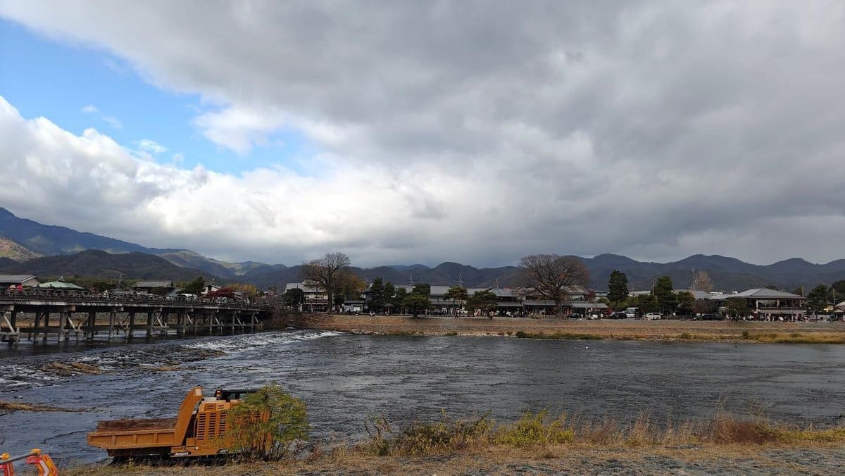 River and mountain backdrop with cloudy sky and bridge view