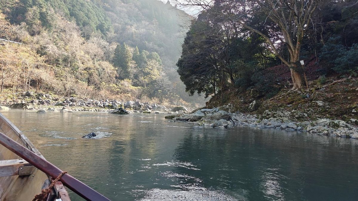 River view with trees and rocky shore, serene landscape
