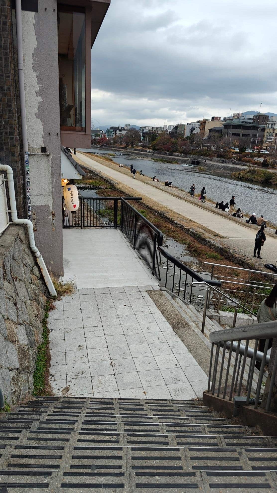 River walkway with people and overcast sky