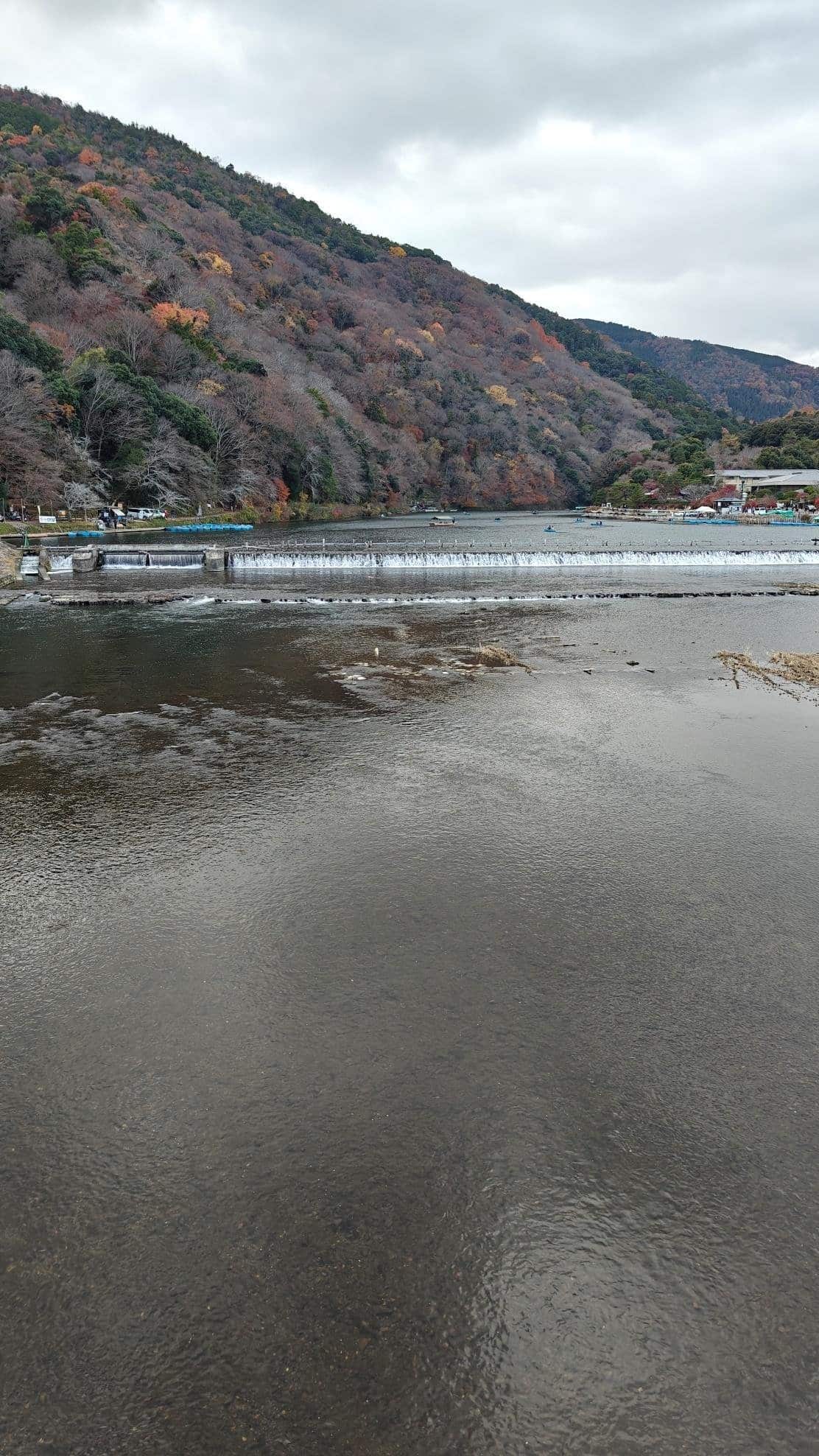 River with dam and forested hillside in autumn