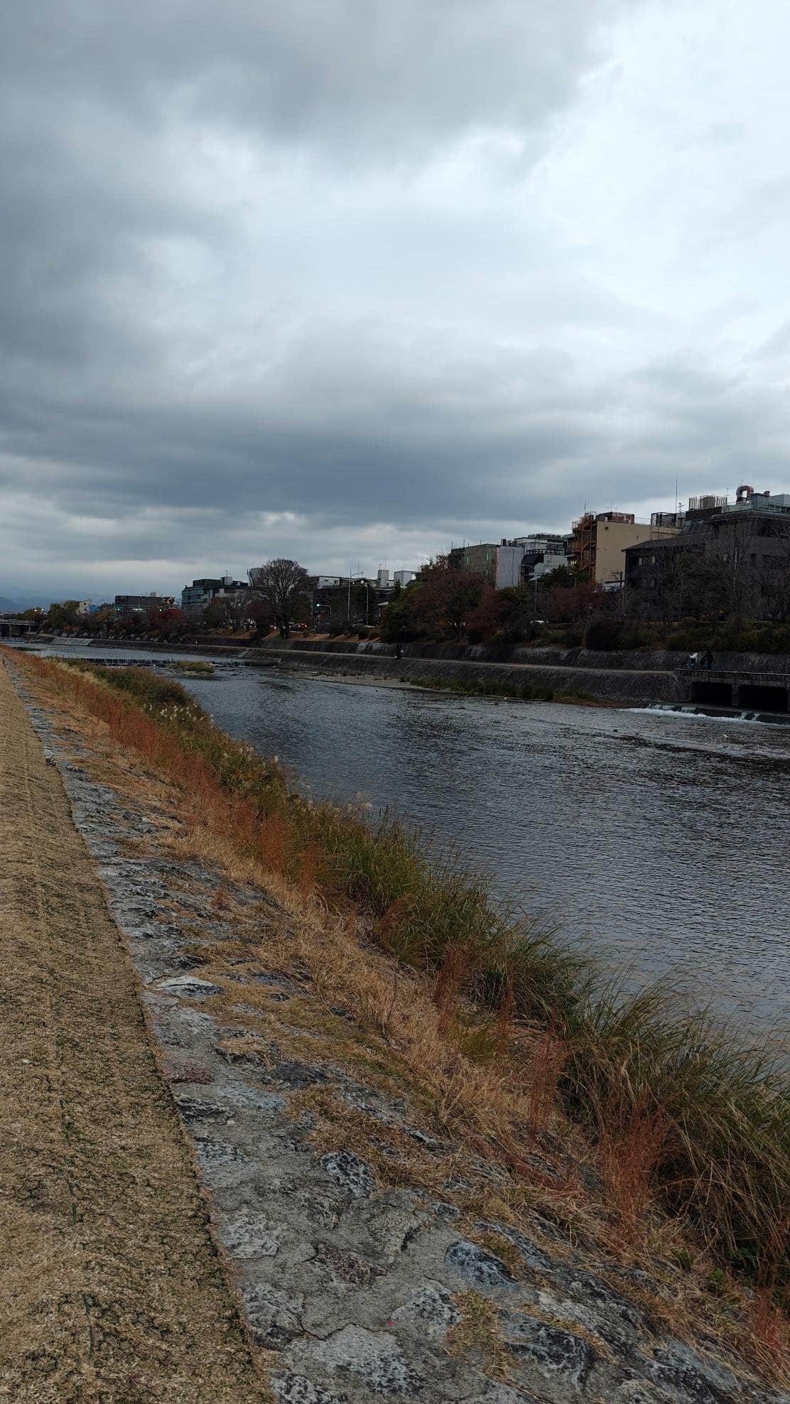River with grassy bank under cloudy sky