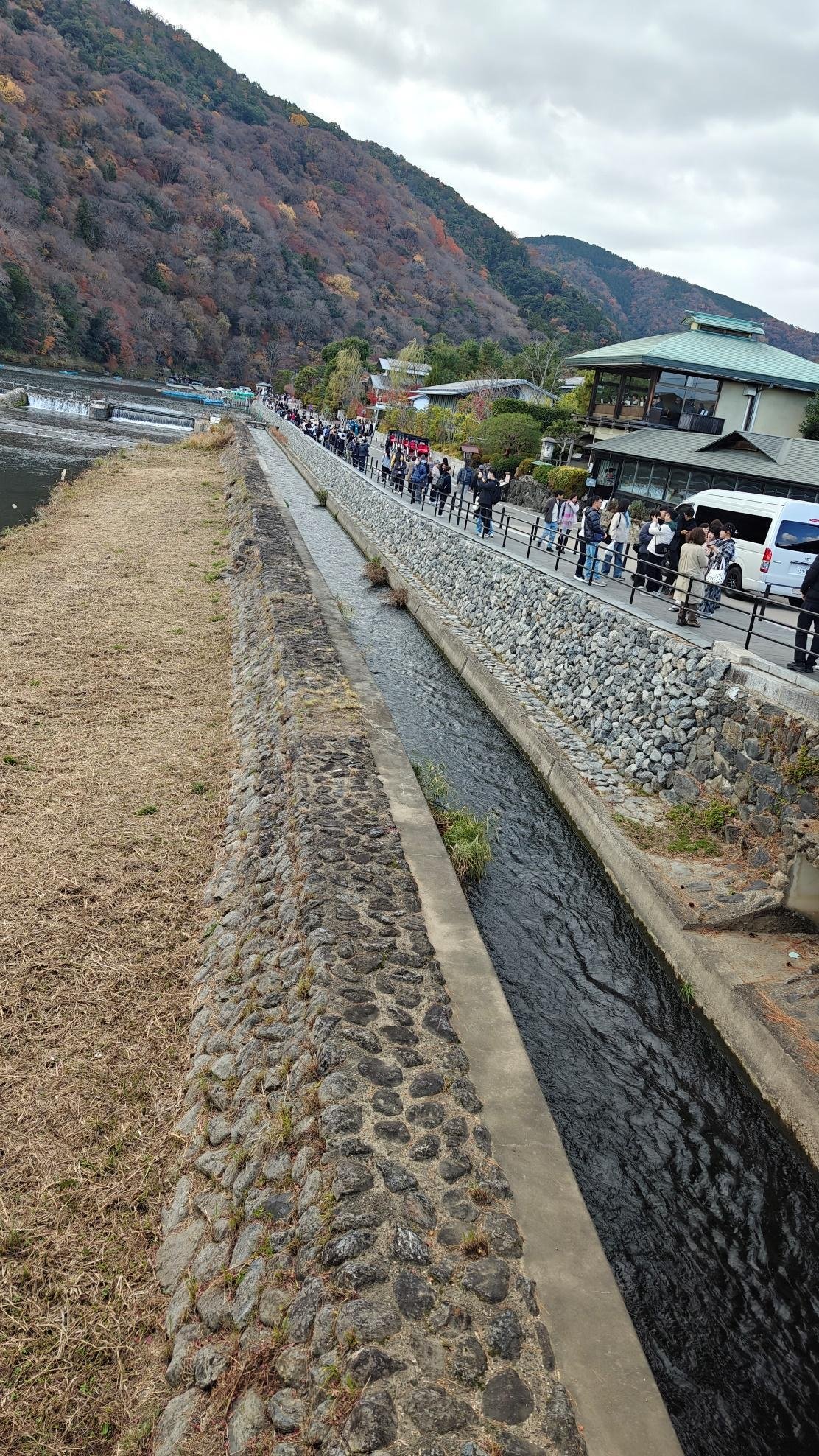 Riverbank path with people, mountains in the background