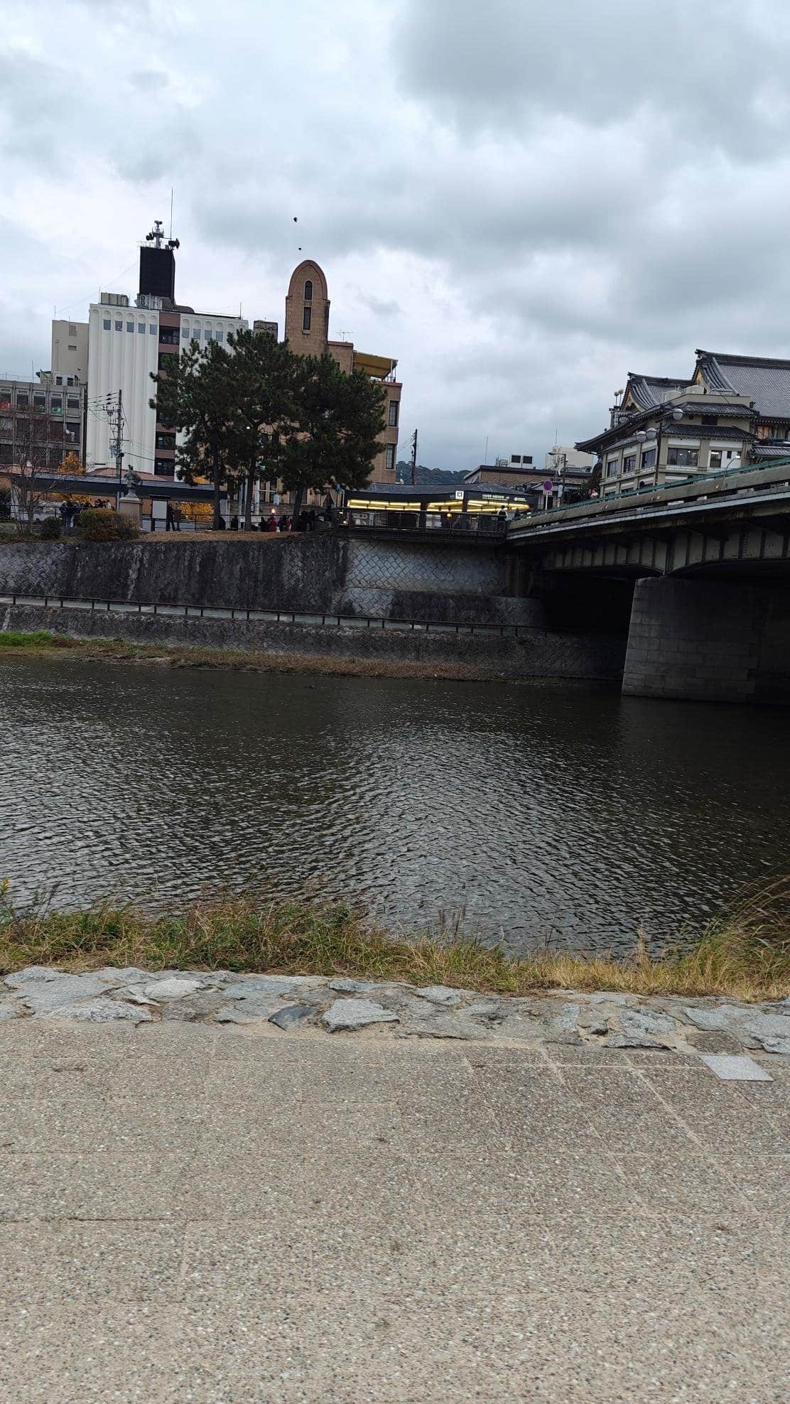 Riverbank view with buildings and bridge under cloudy sky