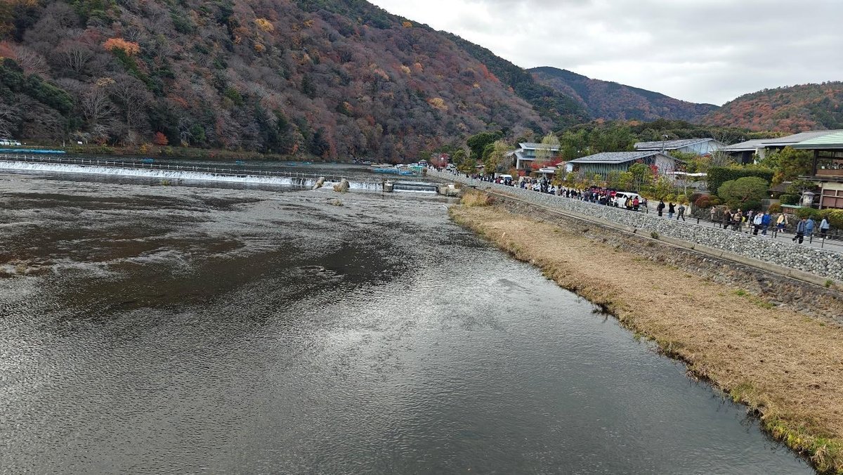 Riverside scene with autumn trees and walking path