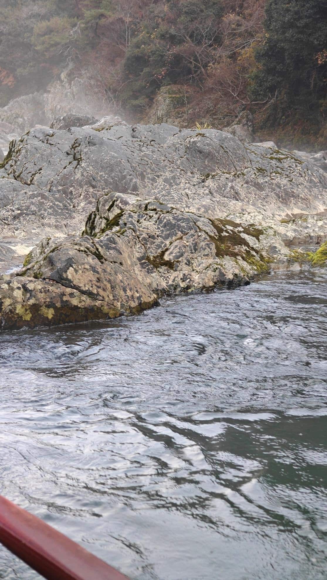 Rocky riverbank with flowing water and misty forest backdrop