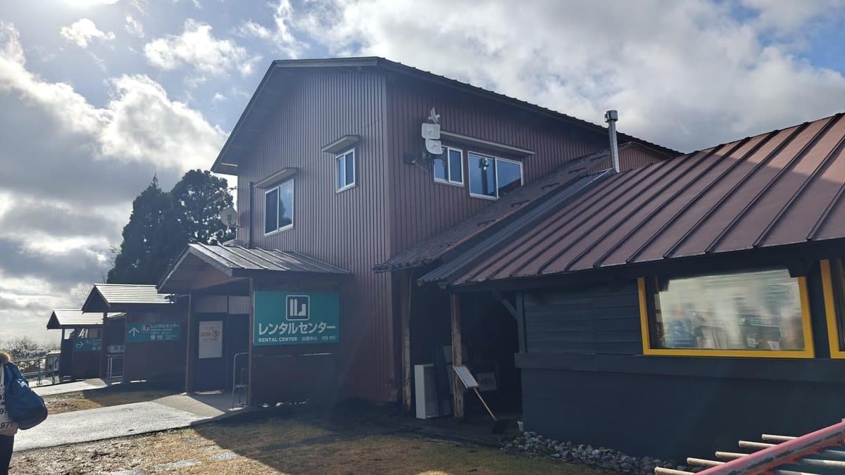 Rustic rental center under cloudy sky
