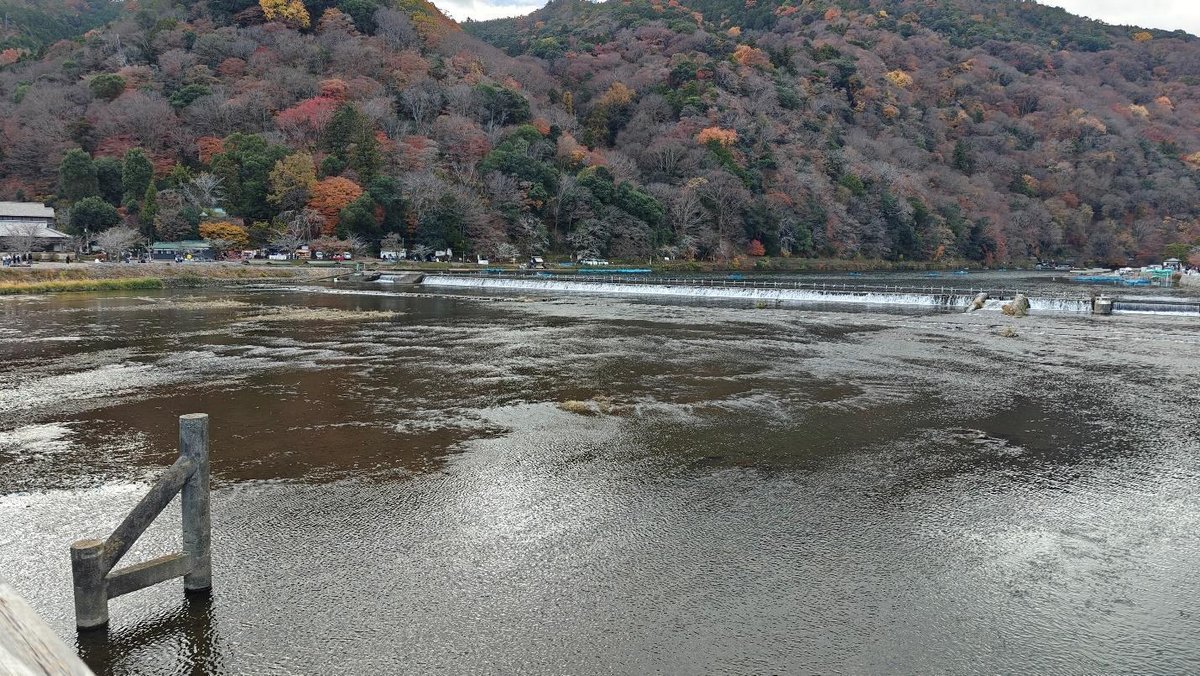 Scenic river with autumn trees and distant hills.