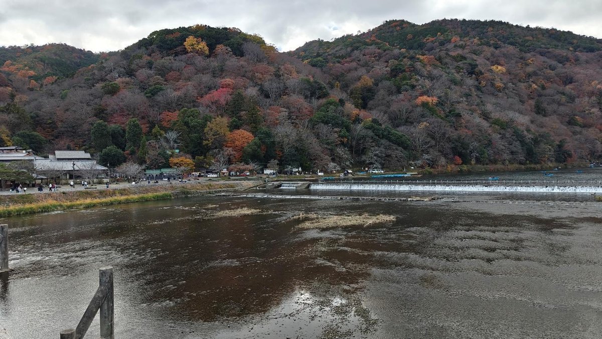 Scenic view of autumn trees and river with mountainous backdrop