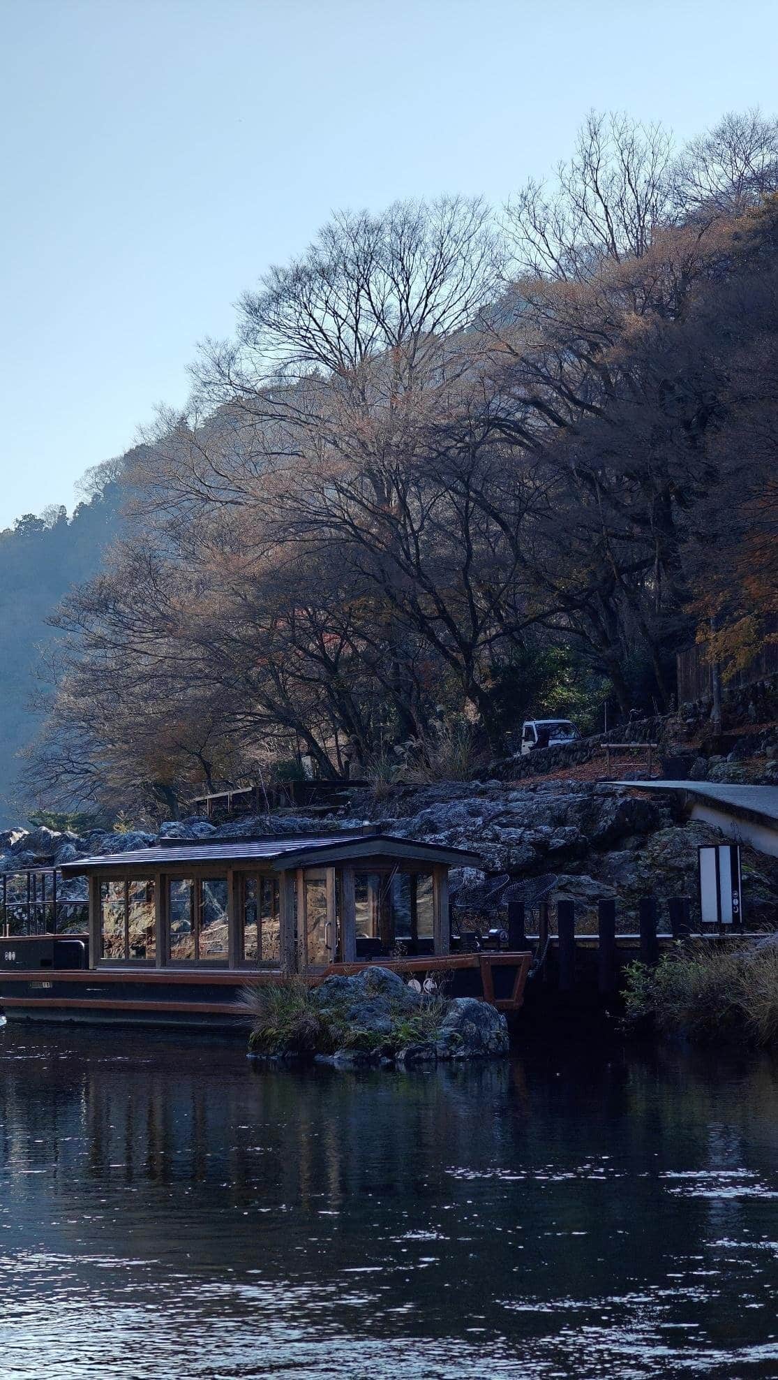 Serene river scene with boat and bare trees