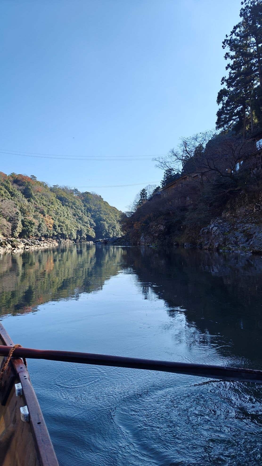 Serene river view with forested banks under clear sky