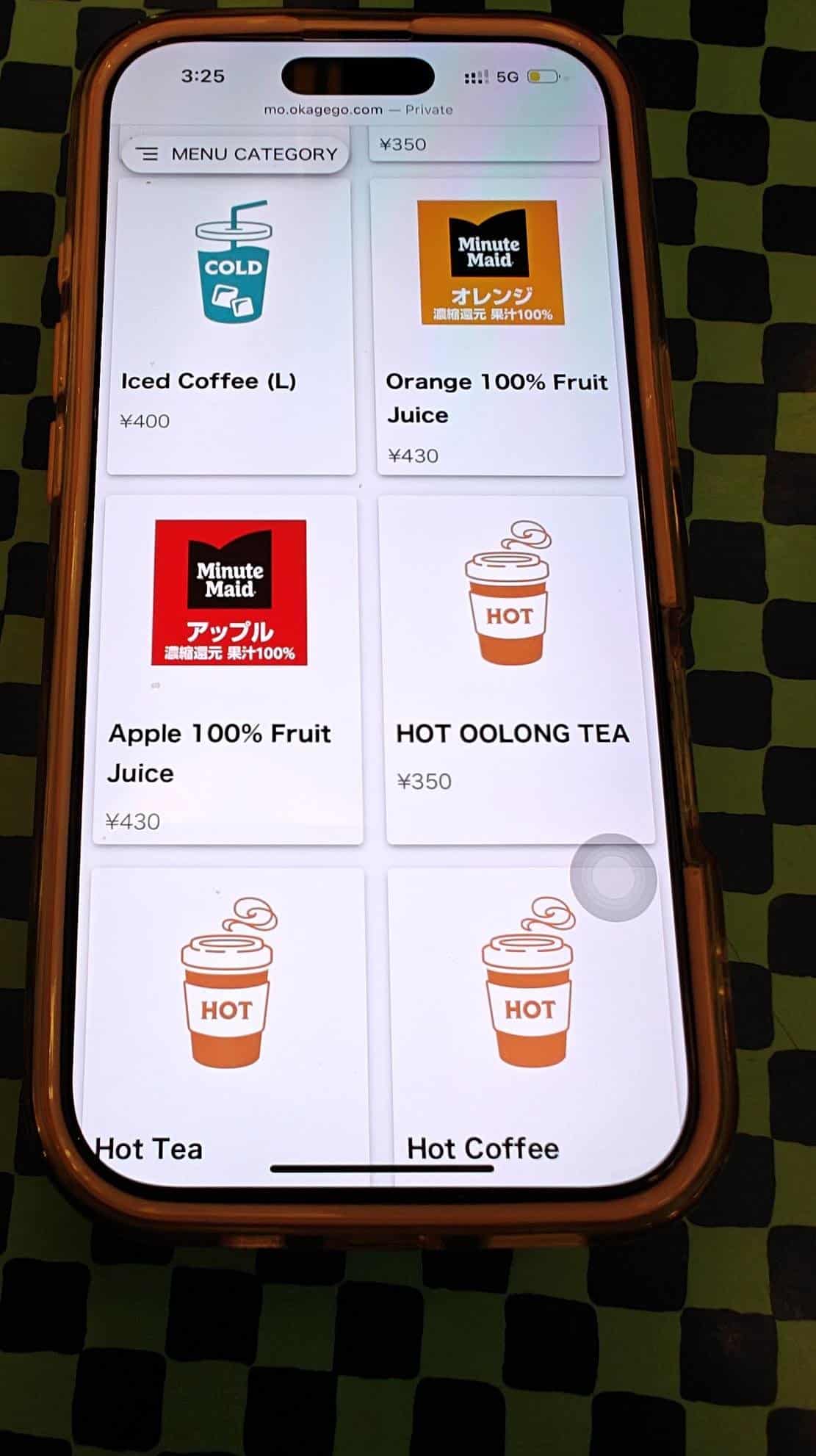 Smartphone displaying drink menu