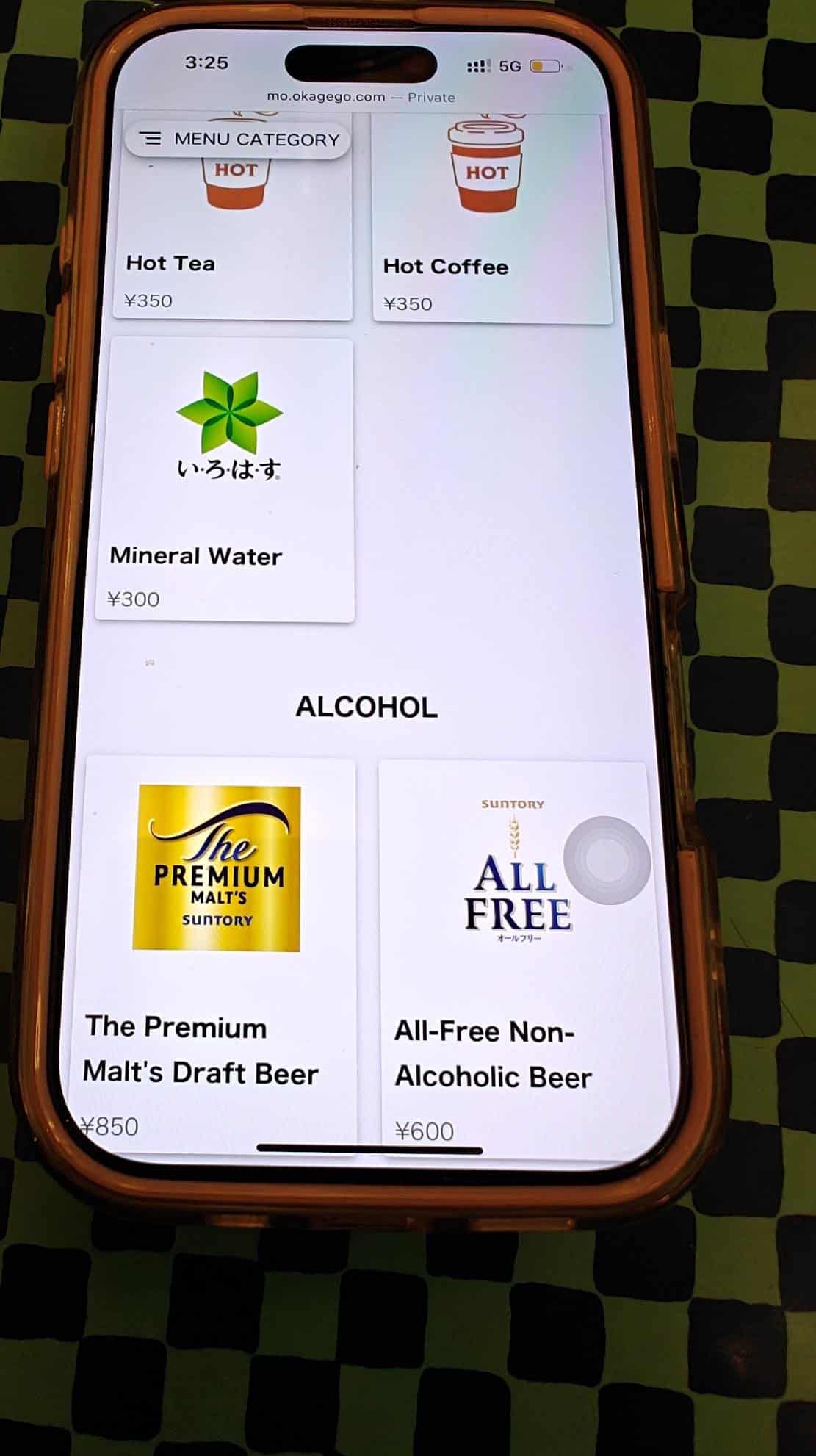 Smartphone displaying menu items
