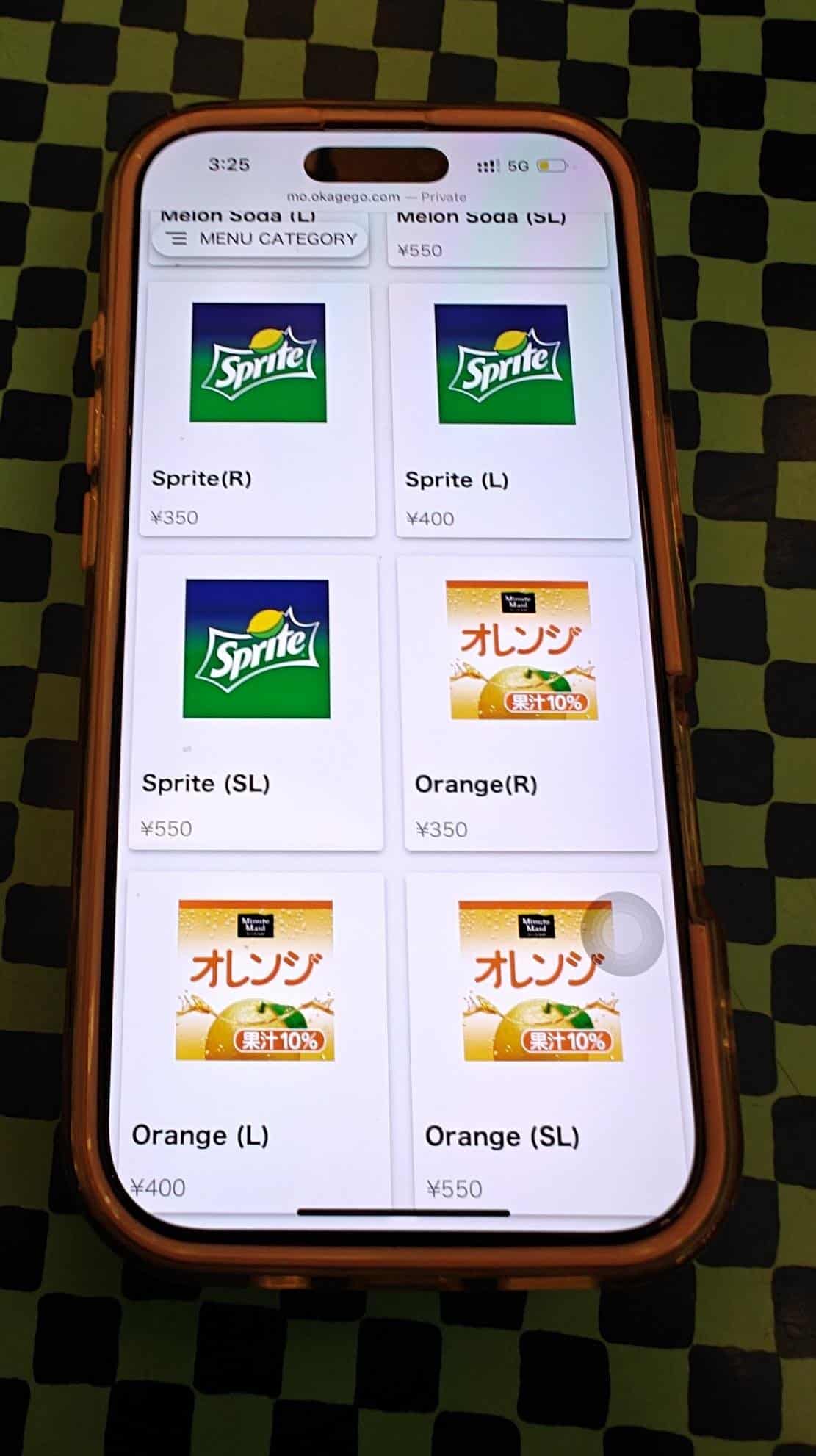 Smartphone showing drink menu