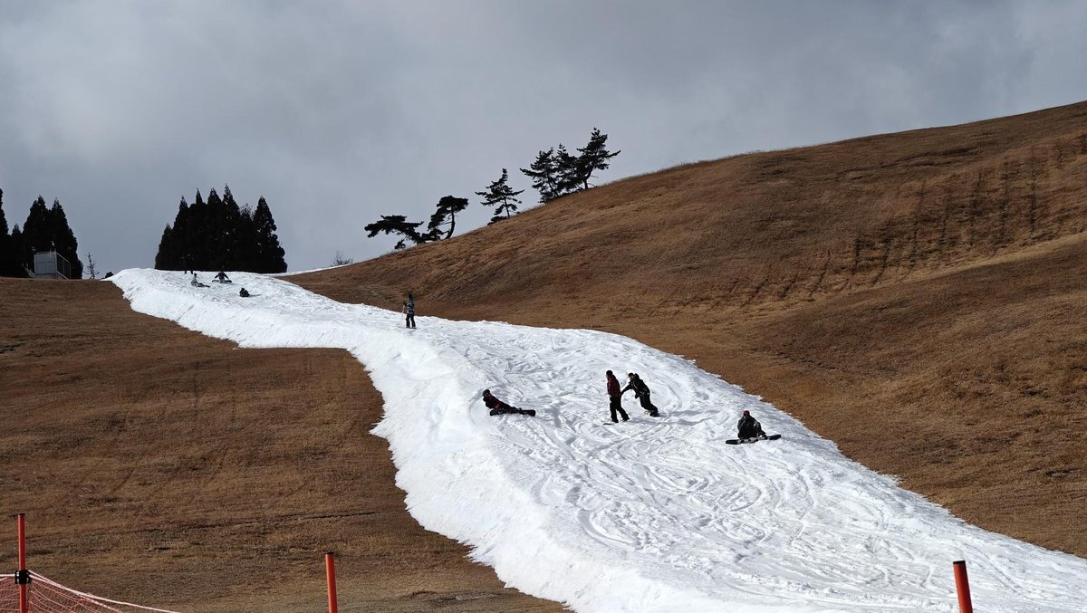 Snowboarders on narrow snow path