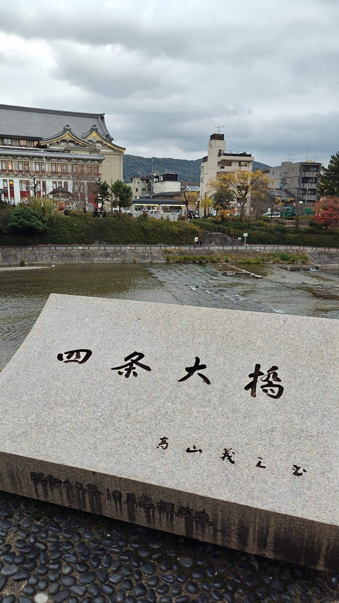 Stone plaque by river with cityscape and cloudy sky