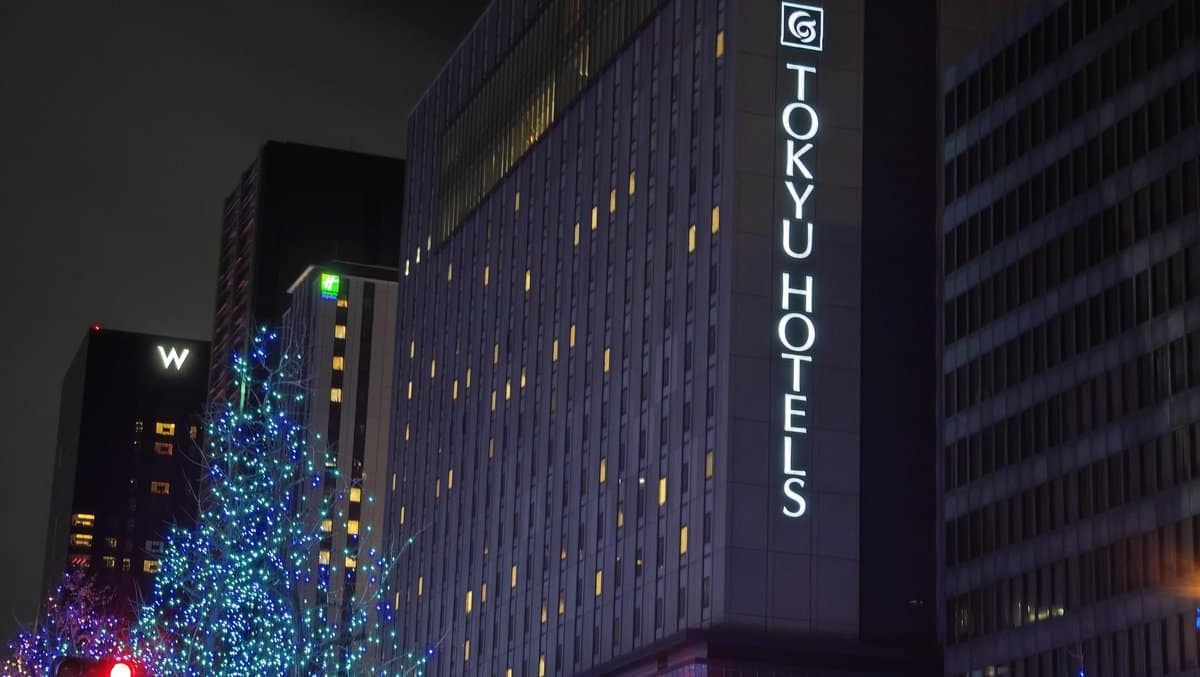 Tokyu Hotel with festive lights at night
