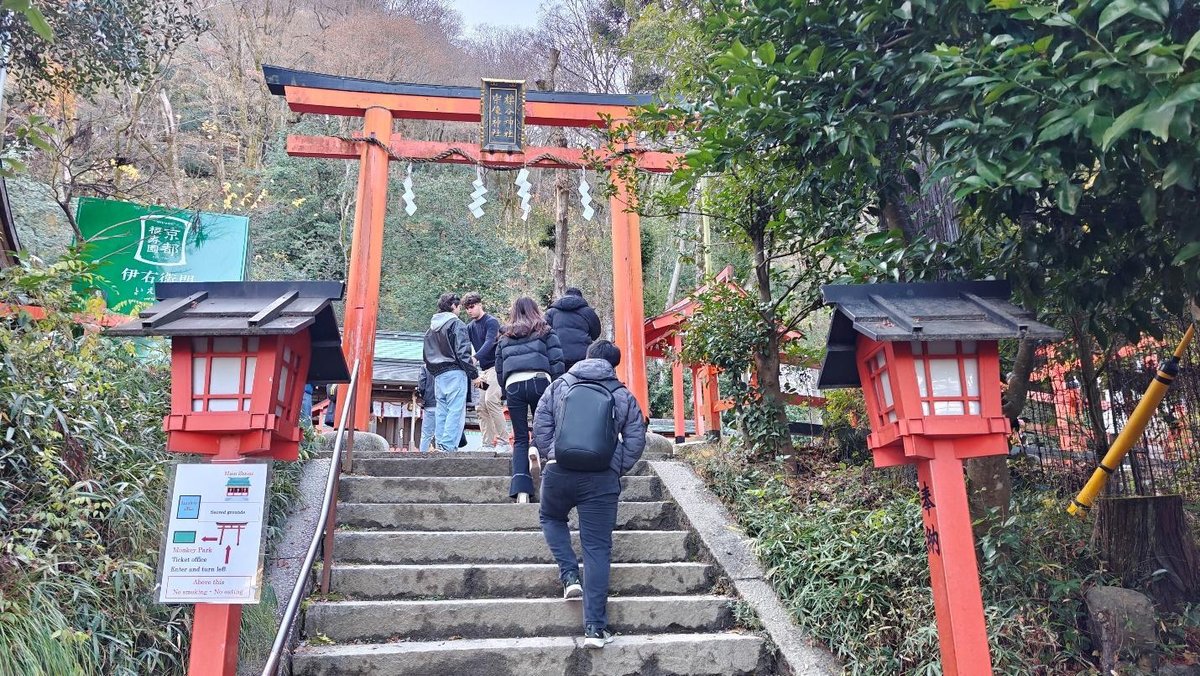 Tourists at Japanese shrine entrance