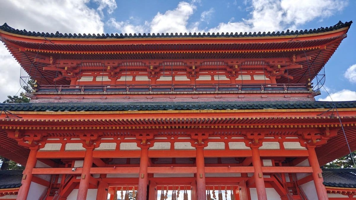 Traditional Japanese temple with vibrant red architecture