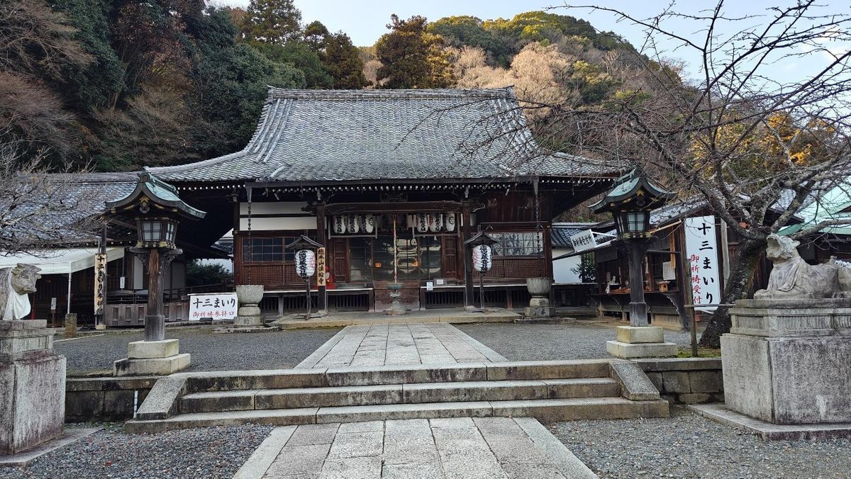 Traditional temple with stone lanterns and trees