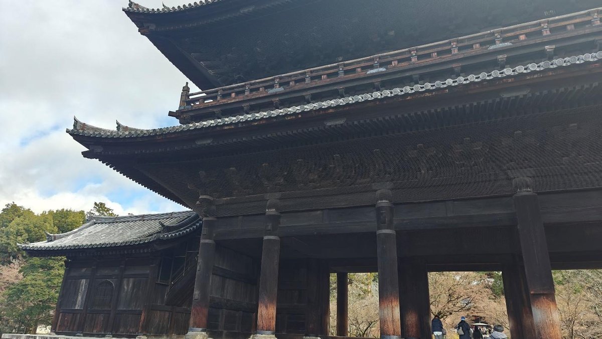 Traditional wooden temple gate under cloudy sky