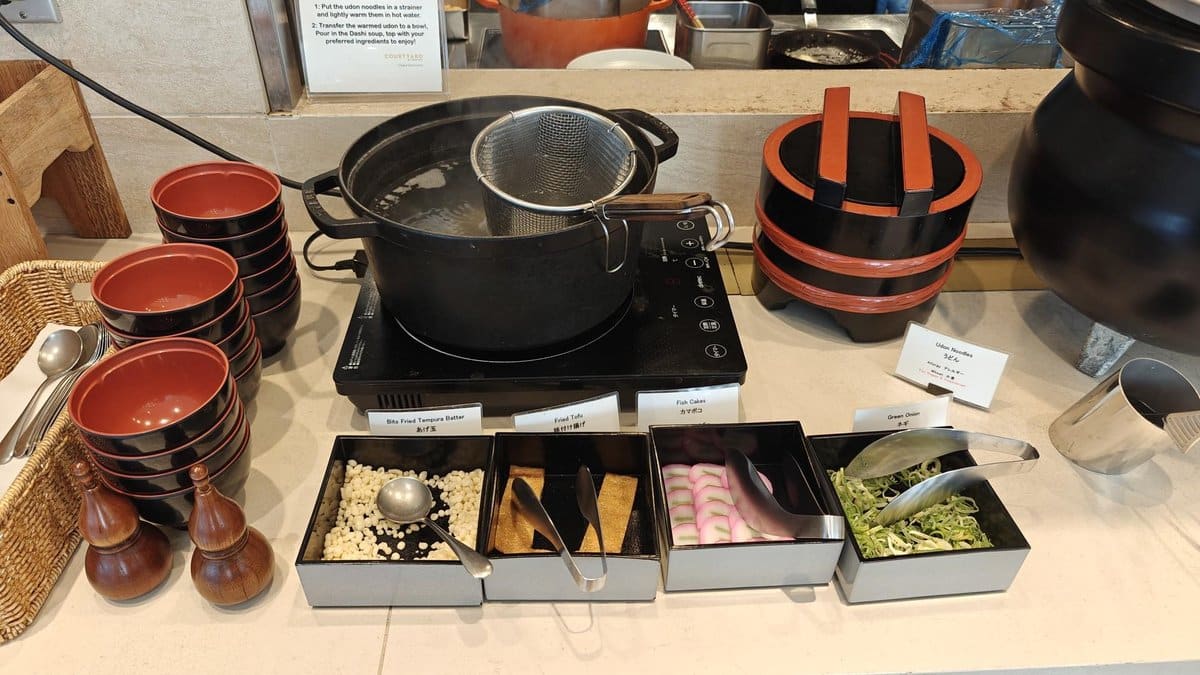 Udon topping station with ingredients