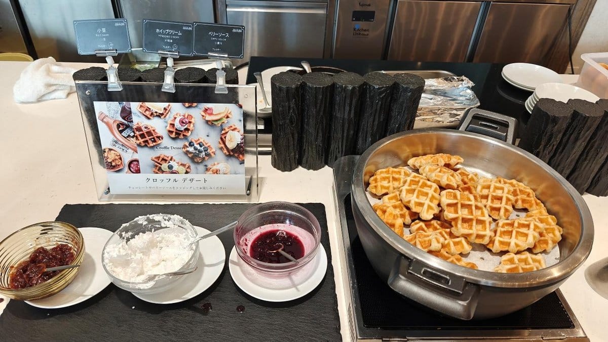 Waffles with toppings on display