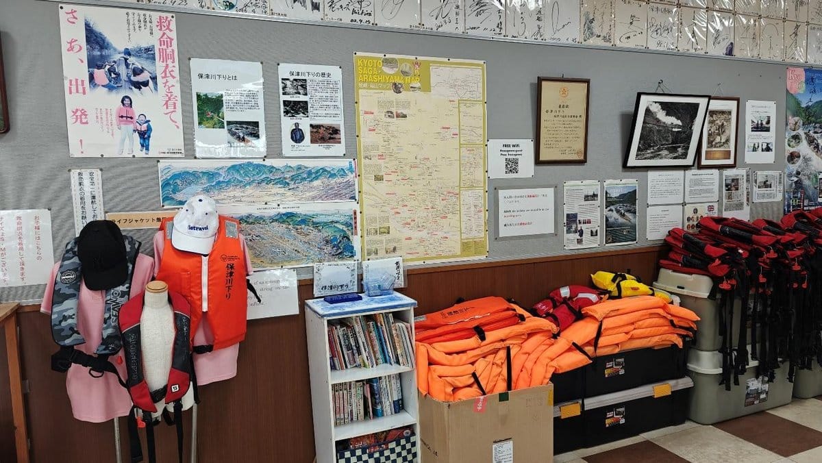 Wall with maps and life jackets on display