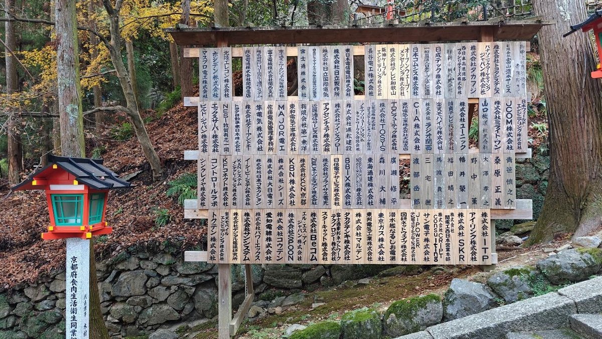 Wooden sign with Japanese text in a forest setting