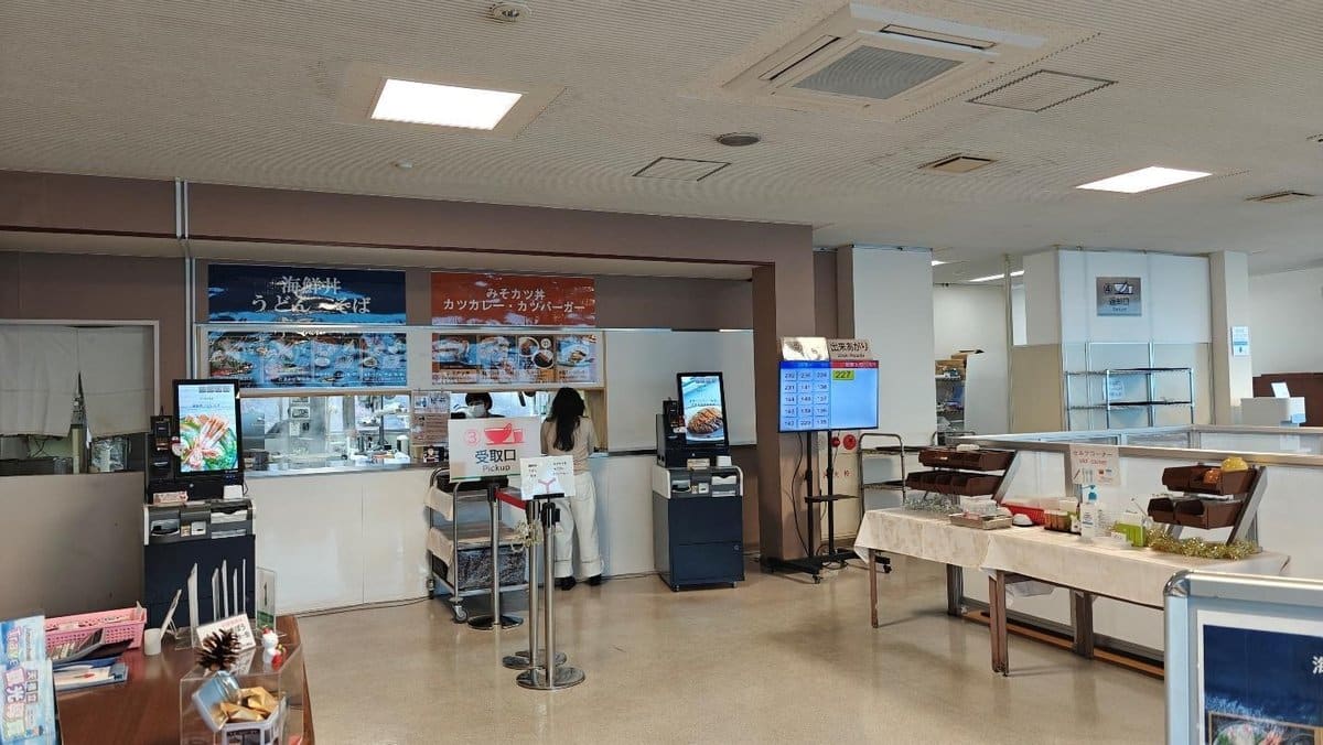 Cafeteria counter with self-service area and menu displays