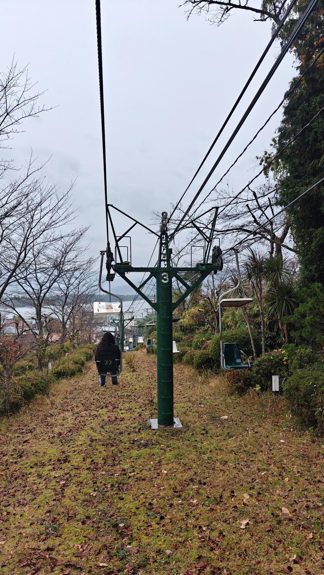 Chairlift over grassy landscape with person riding
