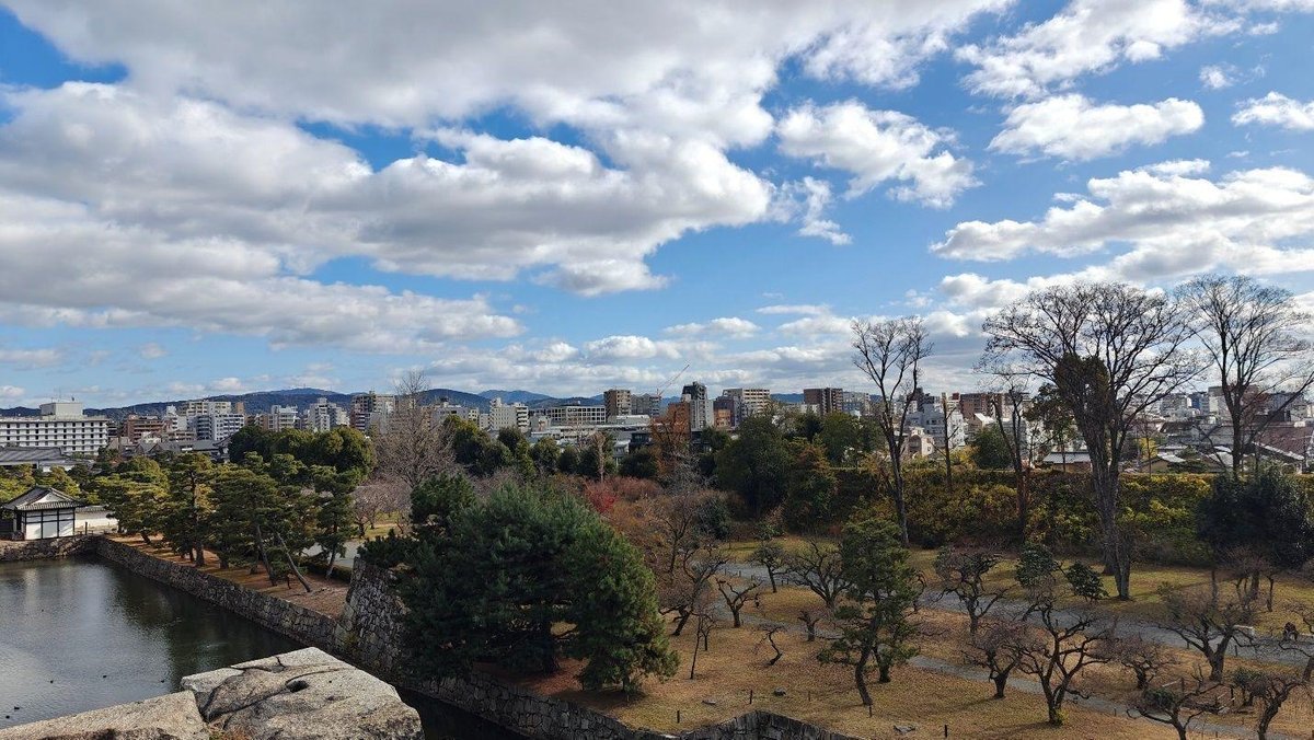 City skyline with trees and cloudy sky