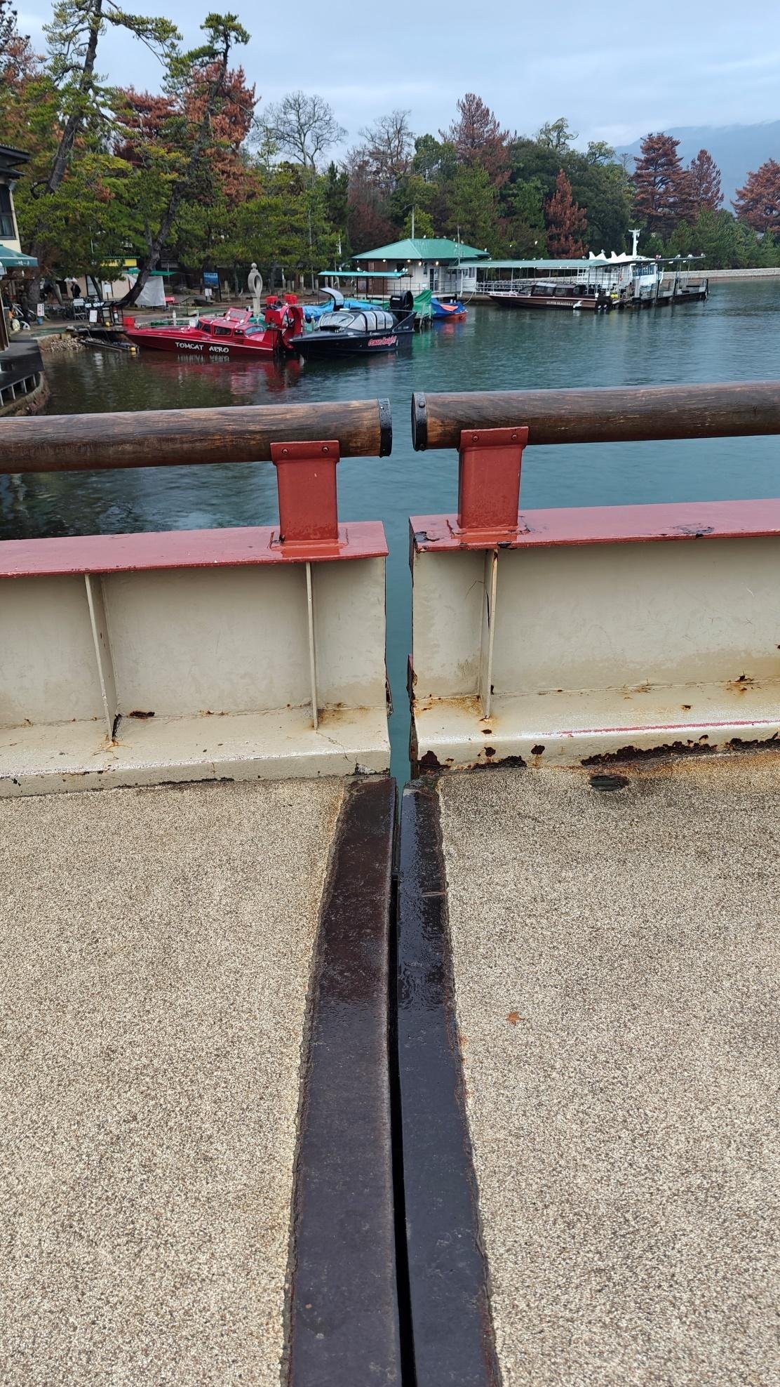 Colorful boats docked near a forested lakeside