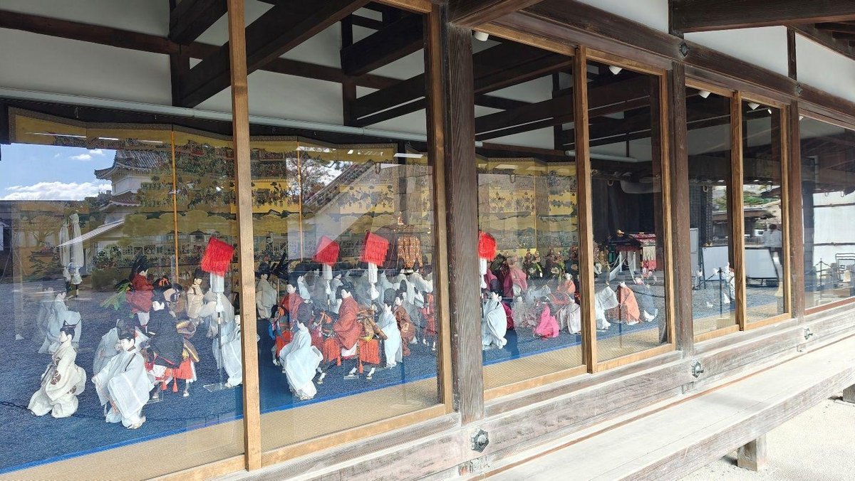 Colorful historical display in glass case