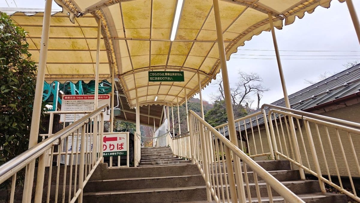 Covered walkway with signs and railings