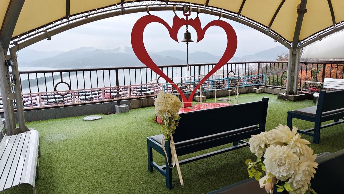 Heart-shaped frame on terrace with mountain view