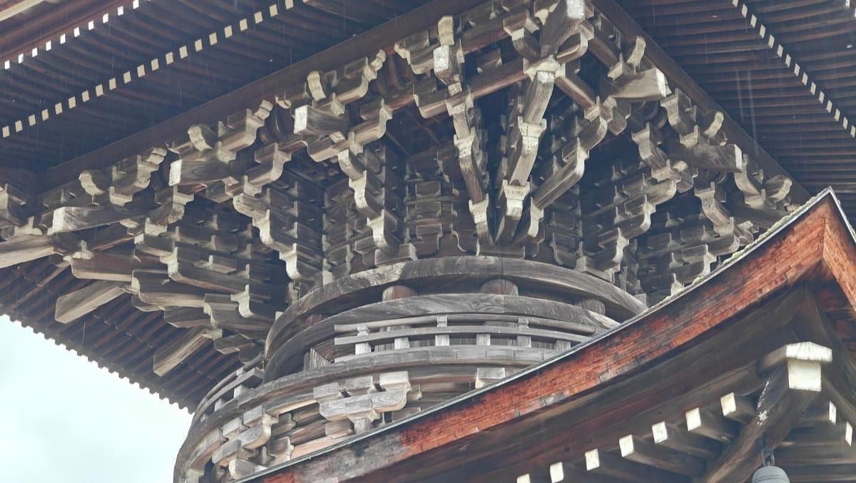 Intricate wooden temple roof detail