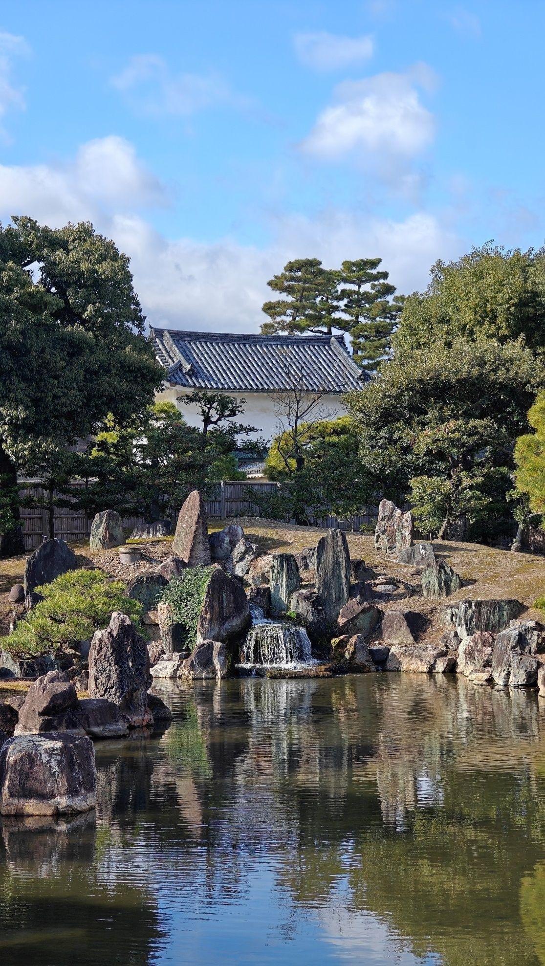 Japanese garden with pond and rocks