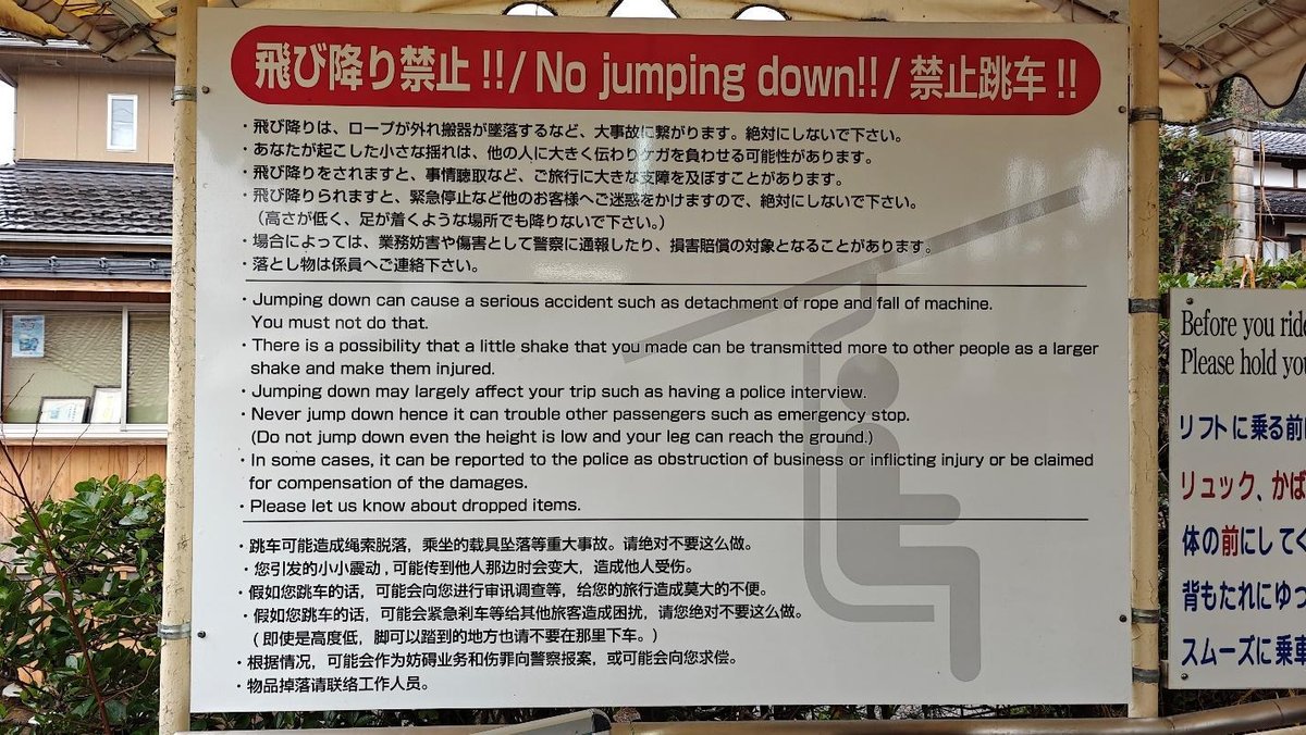 Multilingual sign warning against jumping down, safety focus