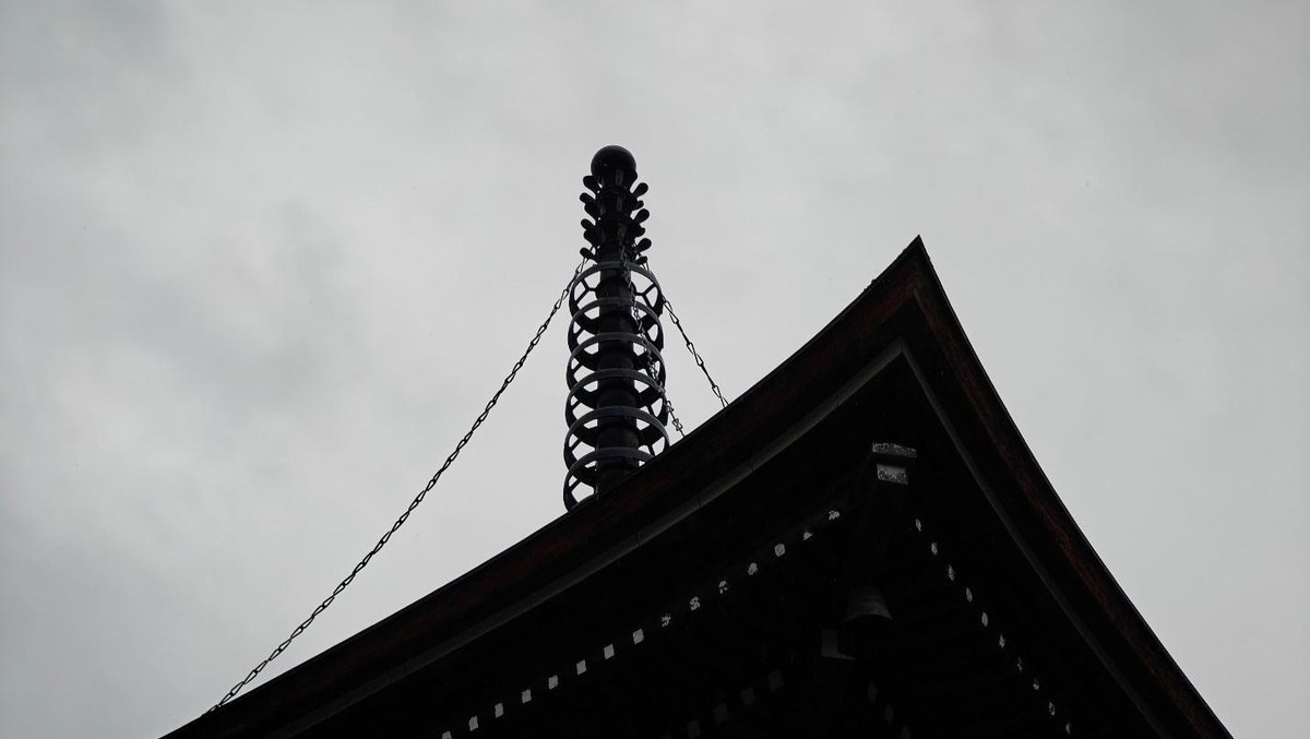 Pagoda rooftop silhouette against cloudy sky