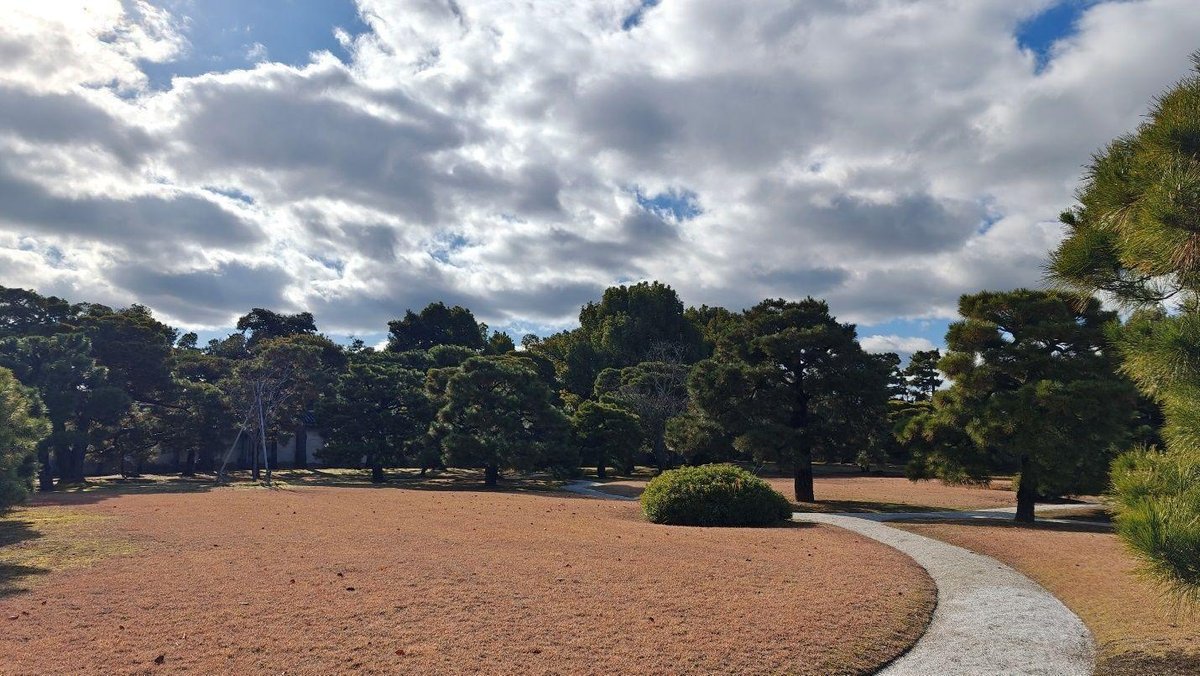 Park with pathway and cloudy sky