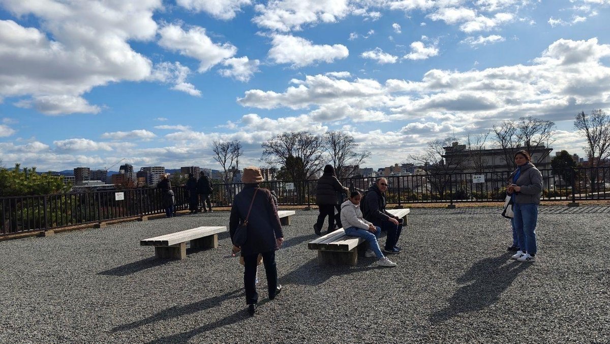 People at rooftop park, city skyline view
