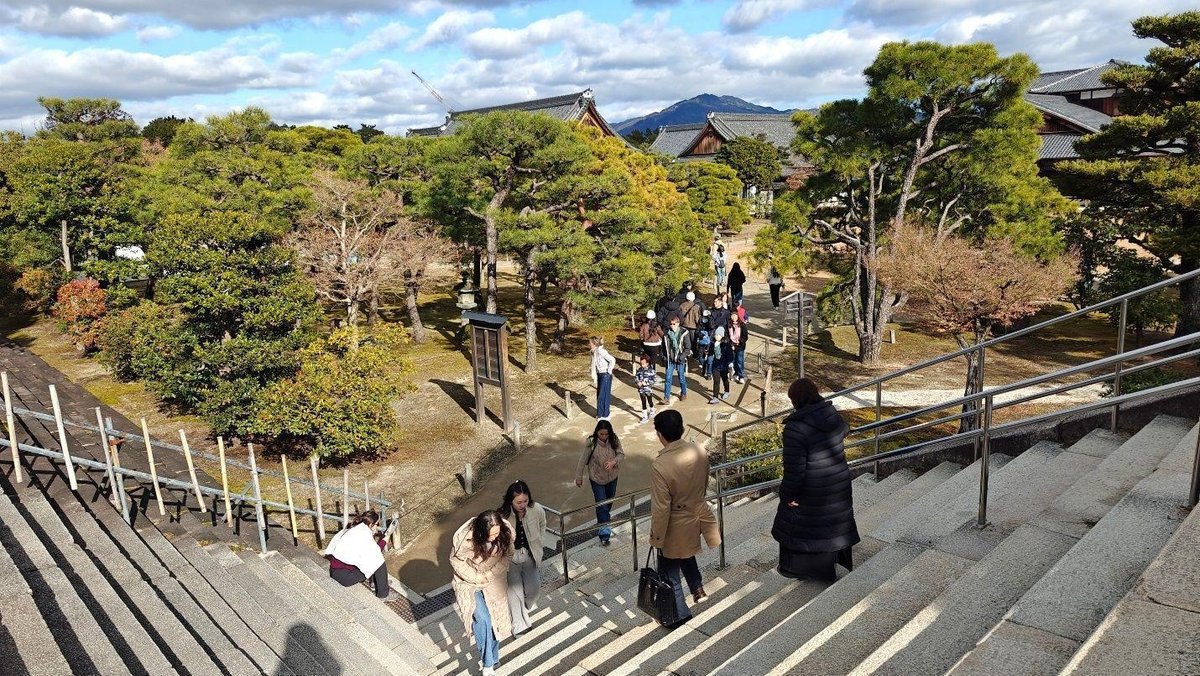 People walking in a scenic garden