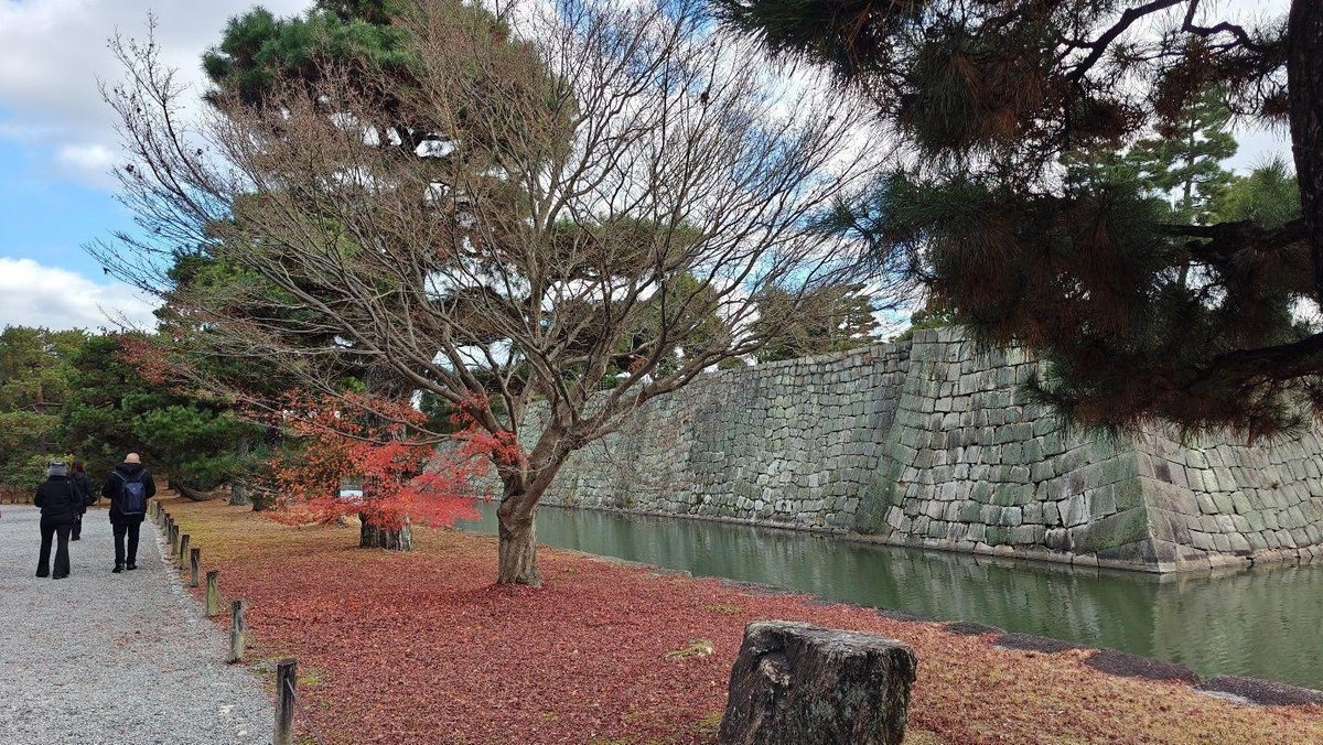 People walking near stone walls and trees