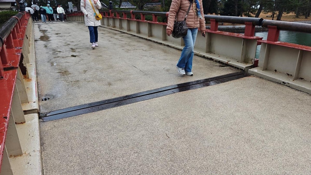 People walking on a rainy pedestrian bridge