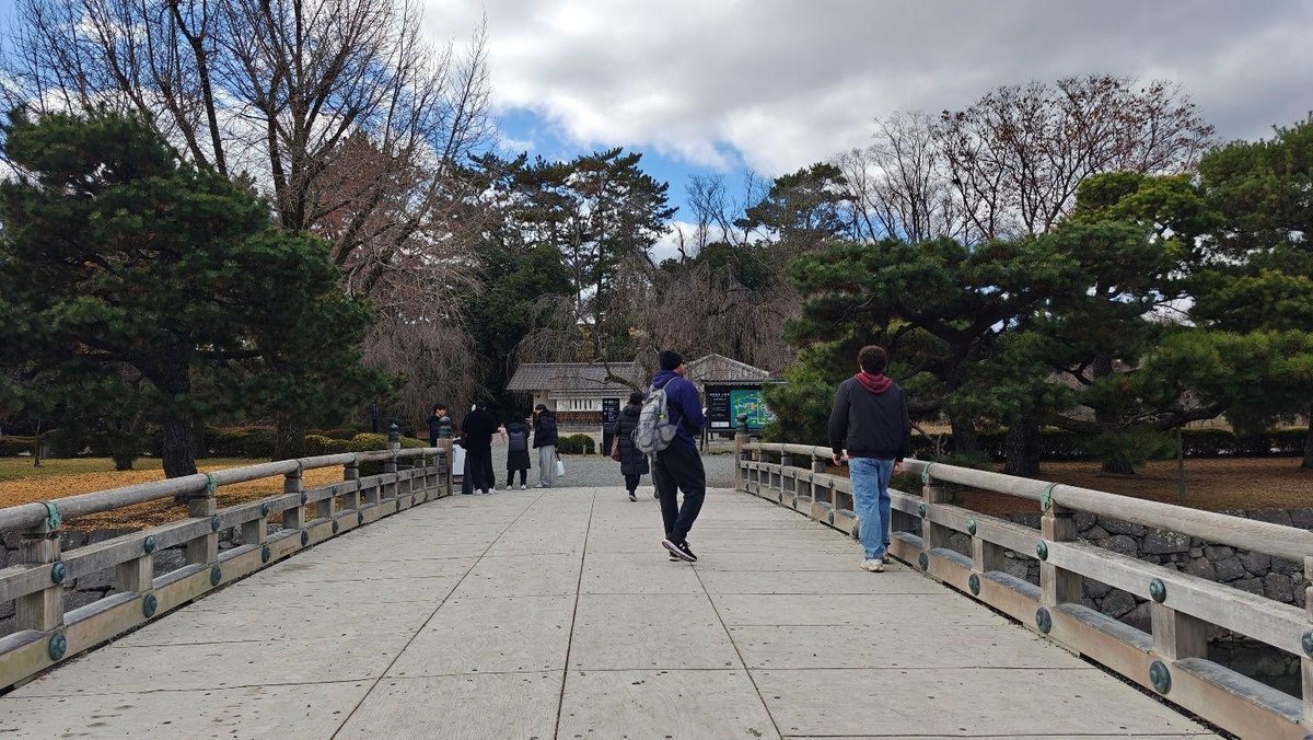 People walking on wooden bridge, trees