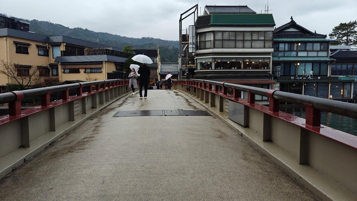 People with umbrellas on a bridge in rainy weather