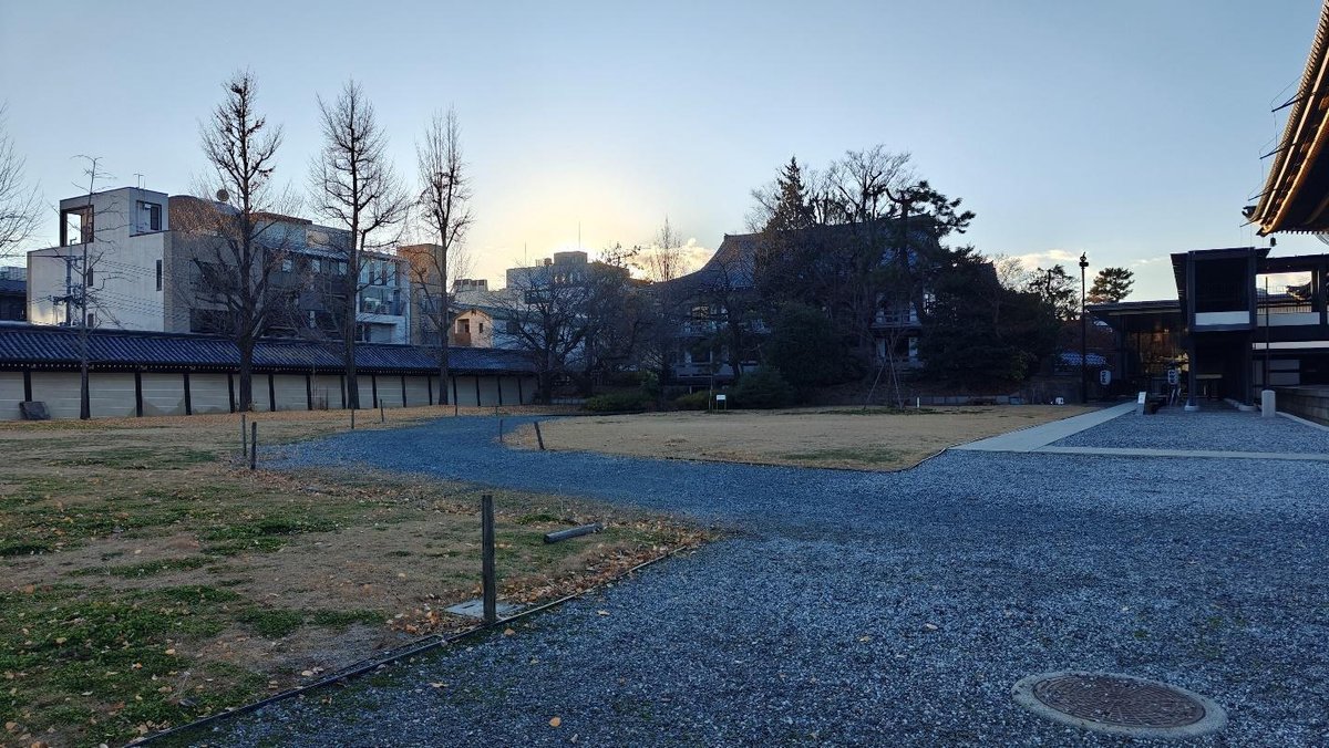 Quiet courtyard with trees and buildings at sunrise