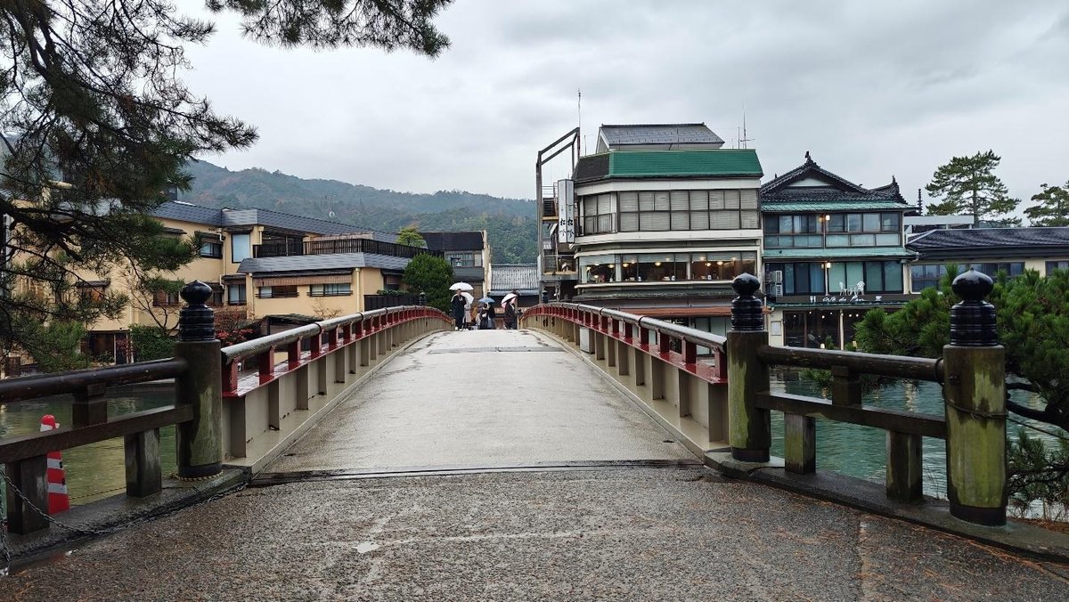 Scenic bridge and traditional buildings on a rainy day